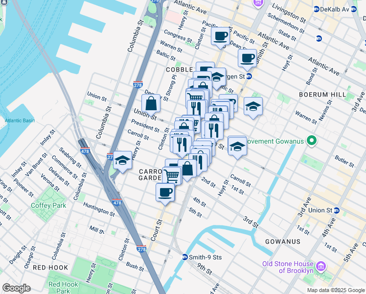 map of restaurants, bars, coffee shops, grocery stores, and more near 374 Court Street in Brooklyn