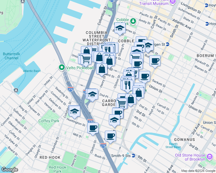 map of restaurants, bars, coffee shops, grocery stores, and more near 166 Carroll Street in Brooklyn