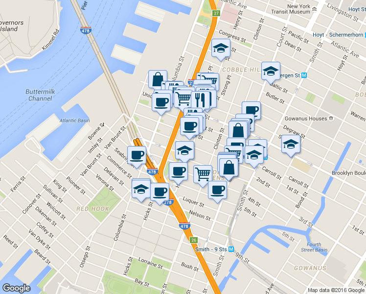 map of restaurants, bars, coffee shops, grocery stores, and more near 166 Summit Street in Brooklyn