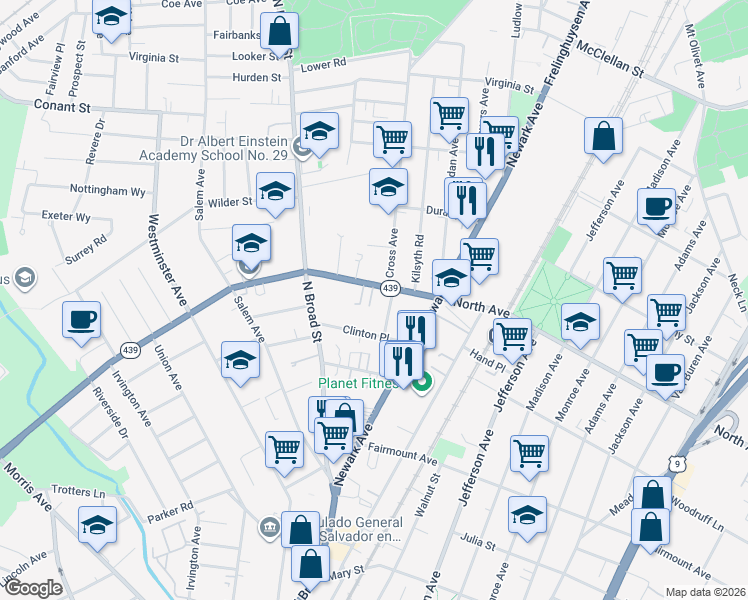 map of restaurants, bars, coffee shops, grocery stores, and more near 1338 North Avenue in Elizabeth