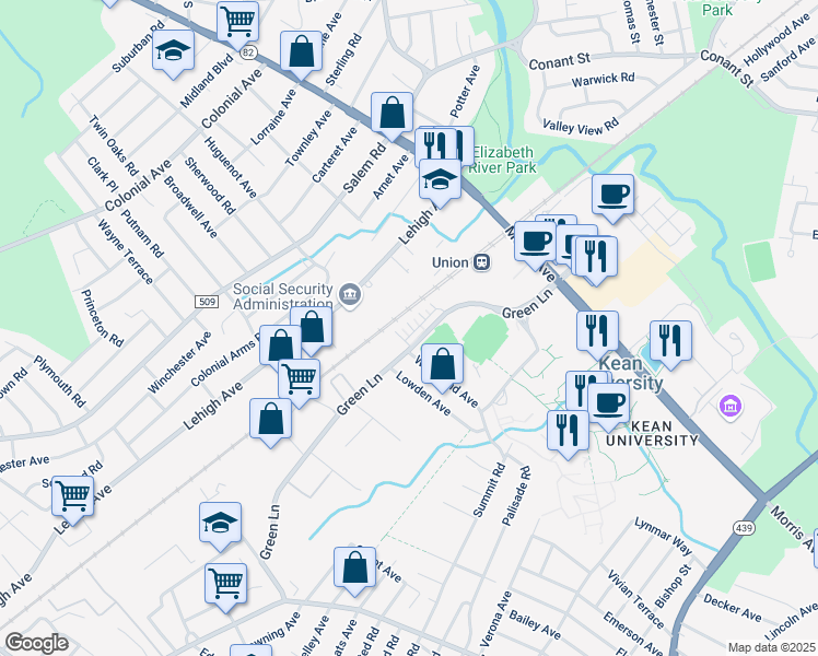 map of restaurants, bars, coffee shops, grocery stores, and more near 748 Green Lane in Union