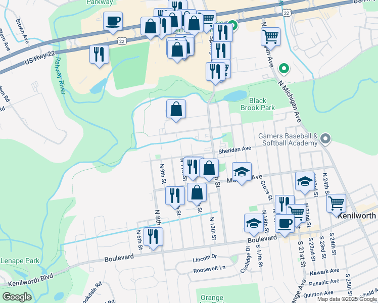 map of restaurants, bars, coffee shops, grocery stores, and more near 309 North 11th Street in Kenilworth
