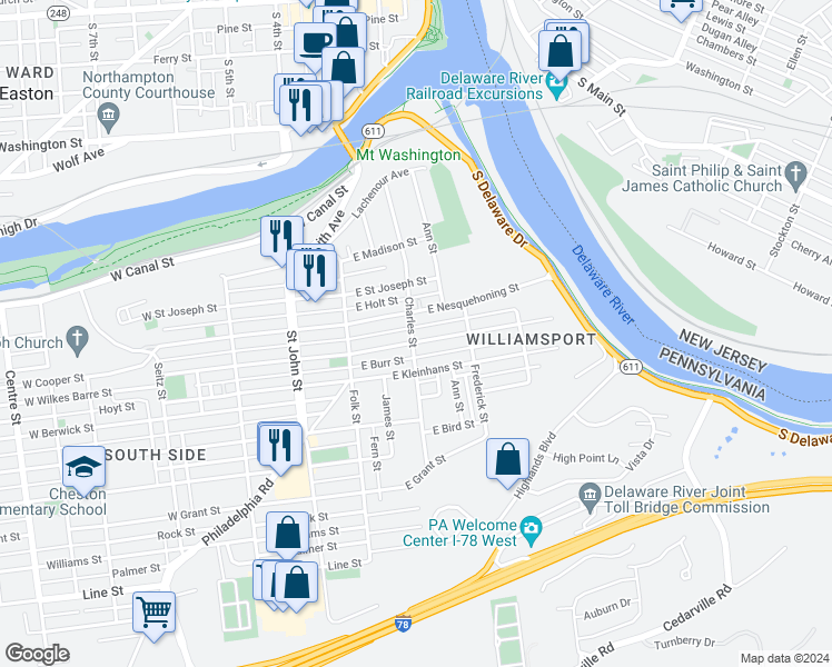 map of restaurants, bars, coffee shops, grocery stores, and more near 208 East Wilkes Barre Street in Easton