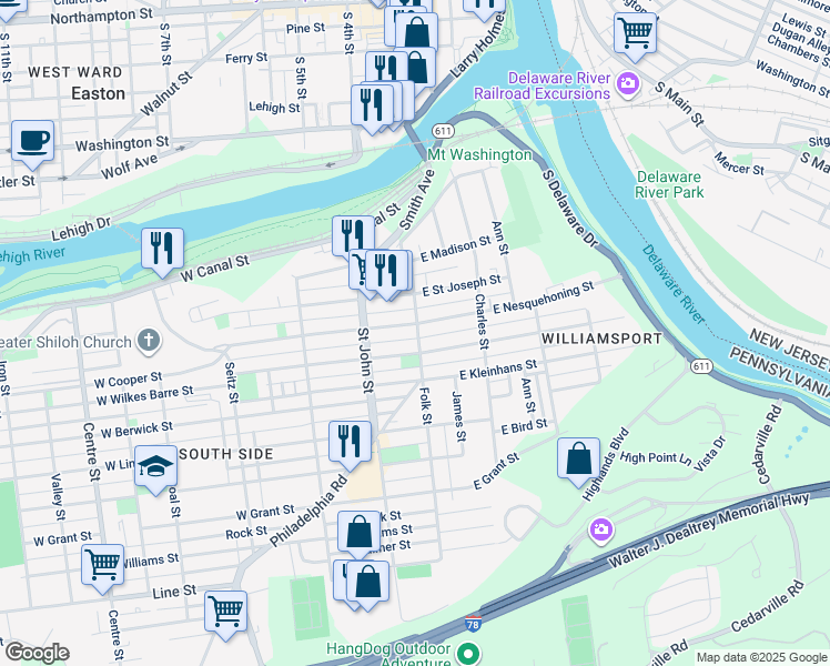 map of restaurants, bars, coffee shops, grocery stores, and more near 102 West Nesquehoning Street in Easton