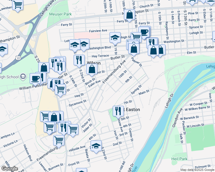 map of restaurants, bars, coffee shops, grocery stores, and more near 1014 Center Street in Easton