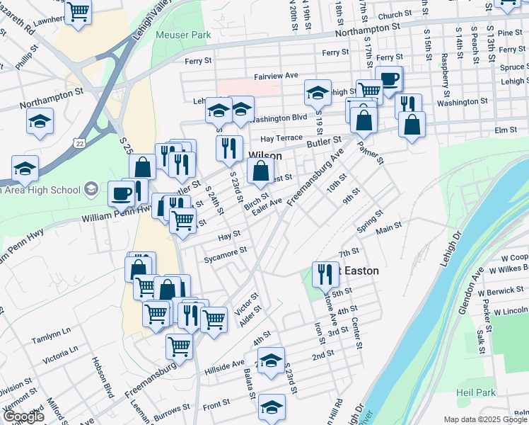 map of restaurants, bars, coffee shops, grocery stores, and more near 2105 Hay Street in Easton