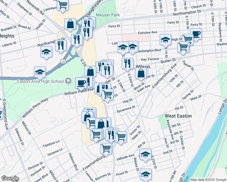 map of restaurants, bars, coffee shops, grocery stores, and more near 2432 Forest Street in Easton