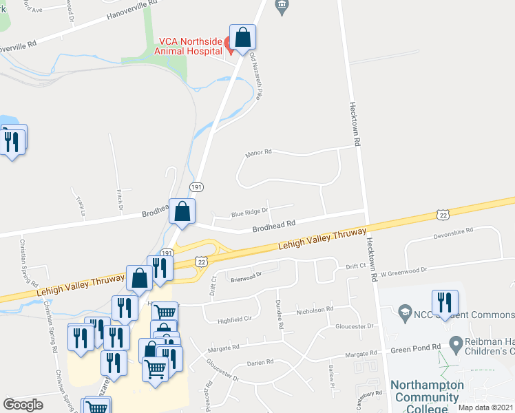 map of restaurants, bars, coffee shops, grocery stores, and more near 3330 Blue Ridge Dr in Bethlehem