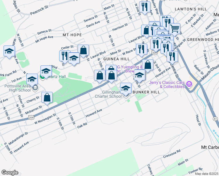 map of restaurants, bars, coffee shops, grocery stores, and more near 1016 West Norwegian Street in Pottsville