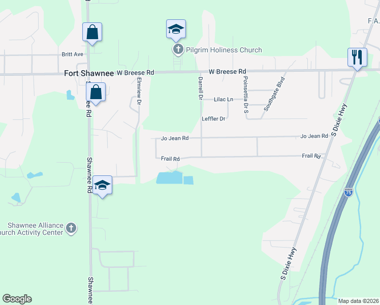 map of restaurants, bars, coffee shops, grocery stores, and more near 1908 Frail Road in Cridersville