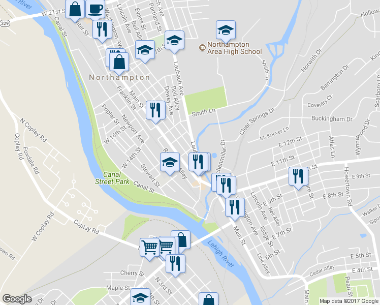 map of restaurants, bars, coffee shops, grocery stores, and more near 32 East 13th Street in Northampton