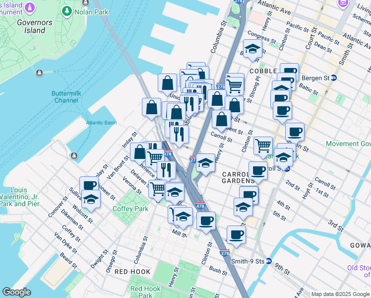 map of restaurants, bars, coffee shops, grocery stores, and more near 30 Woodhull Street in Brooklyn