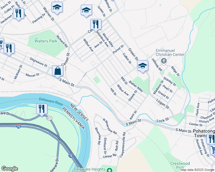 map of restaurants, bars, coffee shops, grocery stores, and more near 874 Hill Street in Phillipsburg