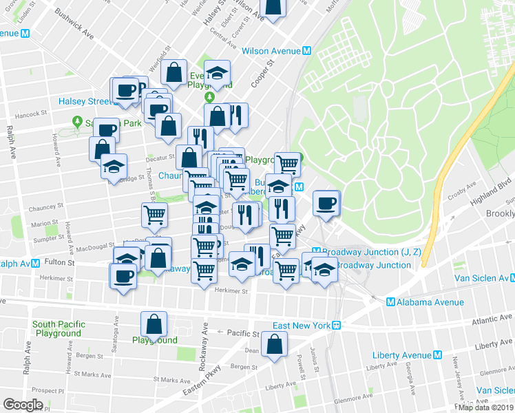 map of restaurants, bars, coffee shops, grocery stores, and more near Broadway & Furman Ave in Brooklyn