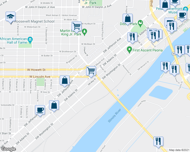 map of restaurants, bars, coffee shops, grocery stores, and more near 1400 Southwest Adams Street in Peoria