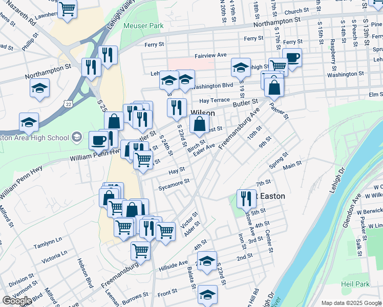map of restaurants, bars, coffee shops, grocery stores, and more near 2248 Birch Street in Easton