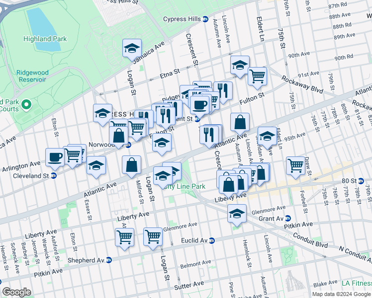 map of restaurants, bars, coffee shops, grocery stores, and more near 295 Euclid Avenue in Brooklyn