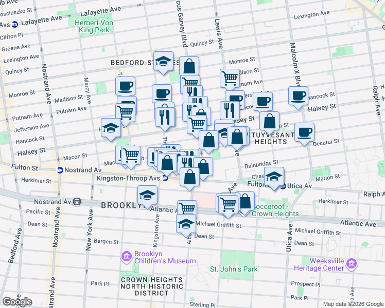 map of restaurants, bars, coffee shops, grocery stores, and more near 202 MacDonough Street in Brooklyn