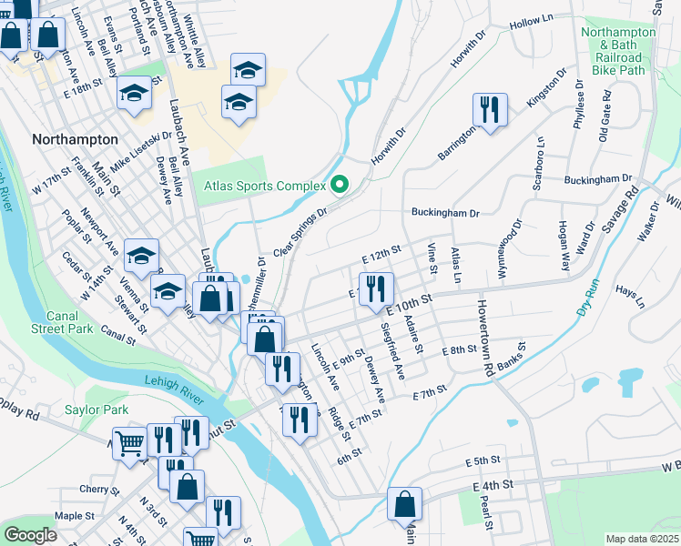 map of restaurants, bars, coffee shops, grocery stores, and more near 328 East 12th Street in Northampton