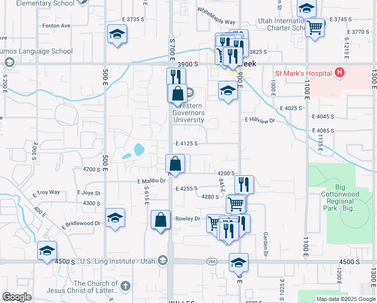 map of restaurants, bars, coffee shops, grocery stores, and more near 745 Grand Cayman Drive in Salt Lake City