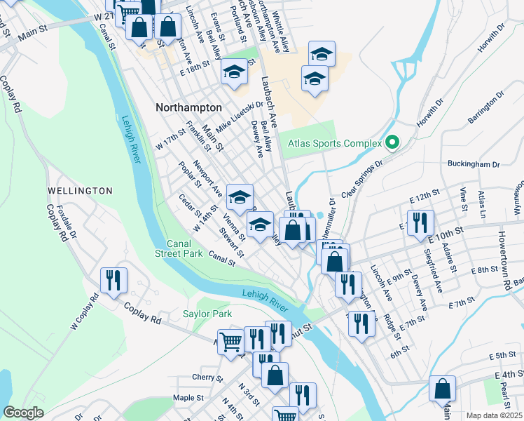 map of restaurants, bars, coffee shops, grocery stores, and more near 1324 Main Street in Northampton