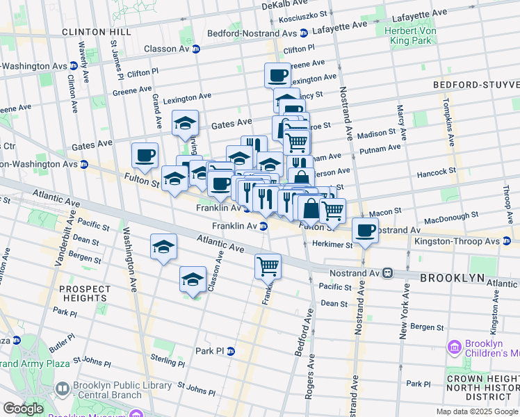 map of restaurants, bars, coffee shops, grocery stores, and more near 1138 Fulton Street in Brooklyn