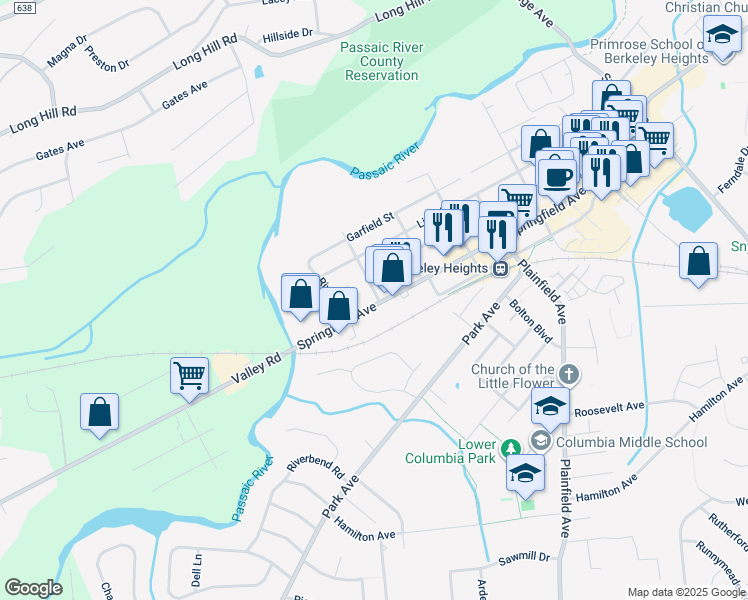 map of restaurants, bars, coffee shops, grocery stores, and more near 655 Springfield Avenue in Berkeley Heights