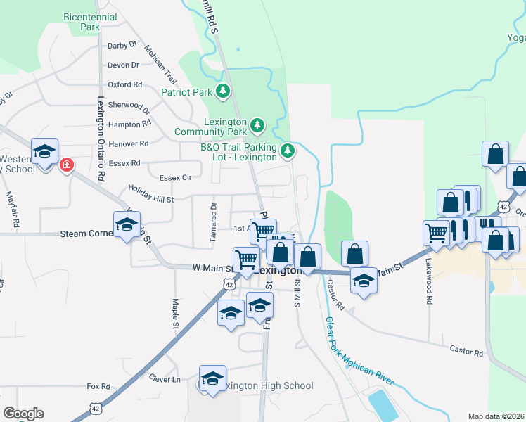 map of restaurants, bars, coffee shops, grocery stores, and more near 22 2nd Avenue in Mansfield