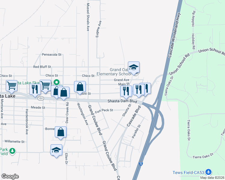 map of restaurants, bars, coffee shops, grocery stores, and more near 5117 Front Street in Shasta Lake