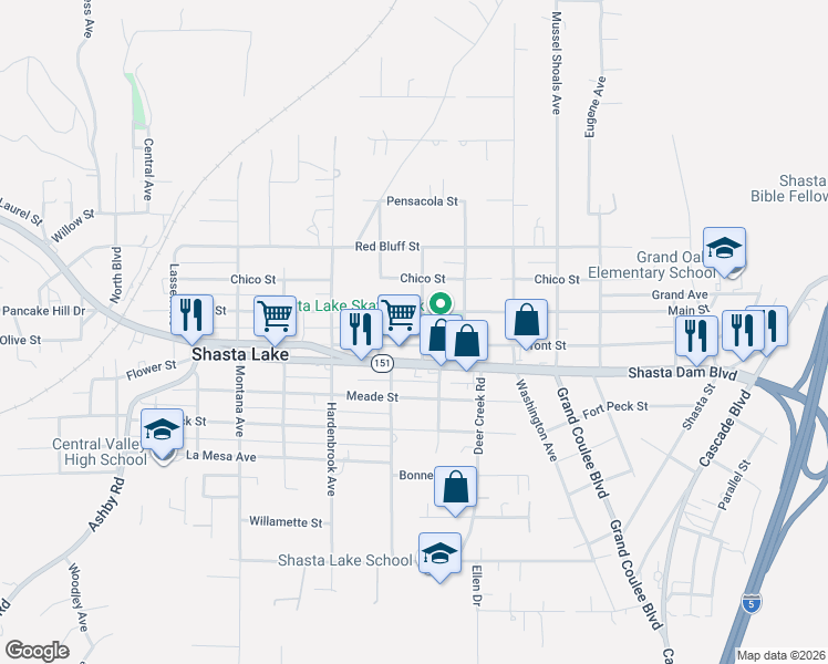 map of restaurants, bars, coffee shops, grocery stores, and more near 1528 Median Avenue in Shasta Lake