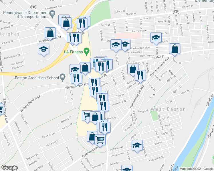 map of restaurants, bars, coffee shops, grocery stores, and more near 2432 Forest Street in Easton