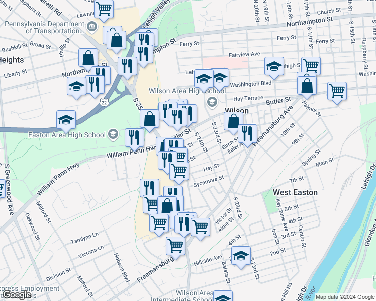 map of restaurants, bars, coffee shops, grocery stores, and more near 2430 Forest Street in Easton