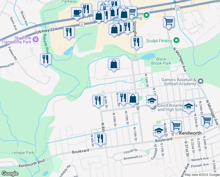map of restaurants, bars, coffee shops, grocery stores, and more near 30 Lafayette Pl in Kenilworth
