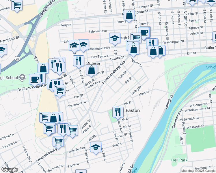 map of restaurants, bars, coffee shops, grocery stores, and more near 1014 Center Street in Easton