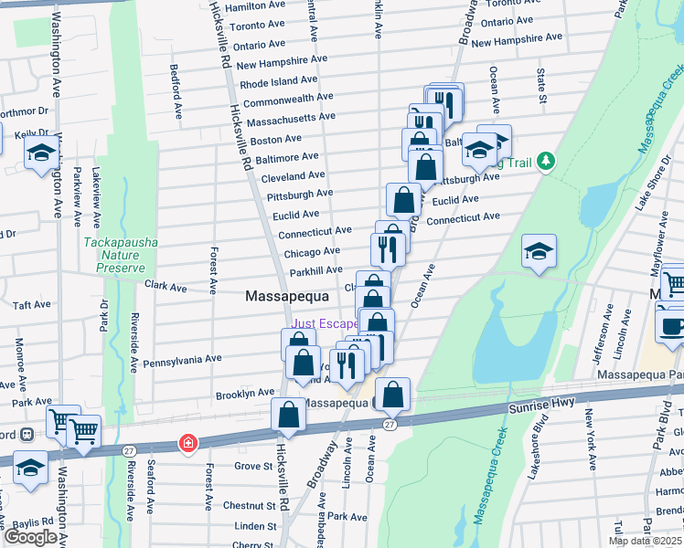 map of restaurants, bars, coffee shops, grocery stores, and more near 92 Parkhill Avenue in Massapequa