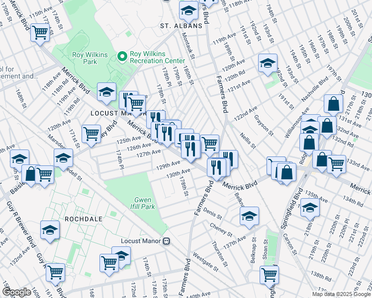 map of restaurants, bars, coffee shops, grocery stores, and more near 178-17 Zoller Road in Queens