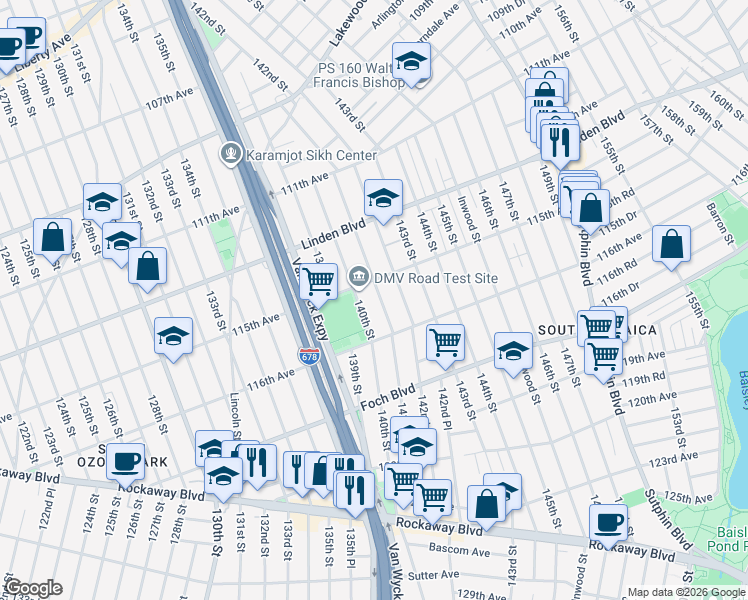 map of restaurants, bars, coffee shops, grocery stores, and more near 115-20 141st Street in Queens