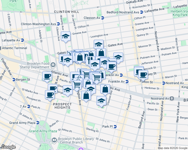 map of restaurants, bars, coffee shops, grocery stores, and more near Grand Ave & Lefferts Pl in Brooklyn