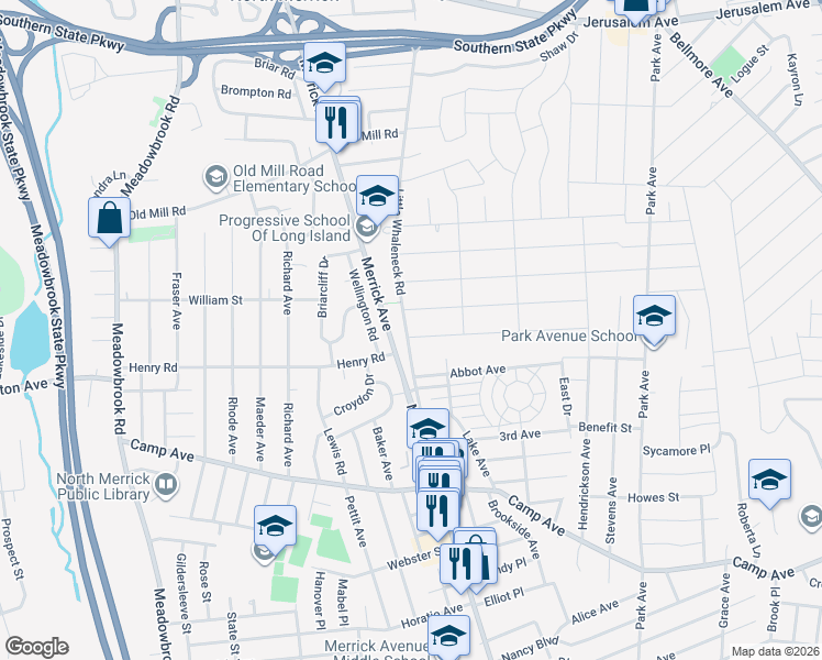 map of restaurants, bars, coffee shops, grocery stores, and more near 1989 Decker Avenue in Merrick