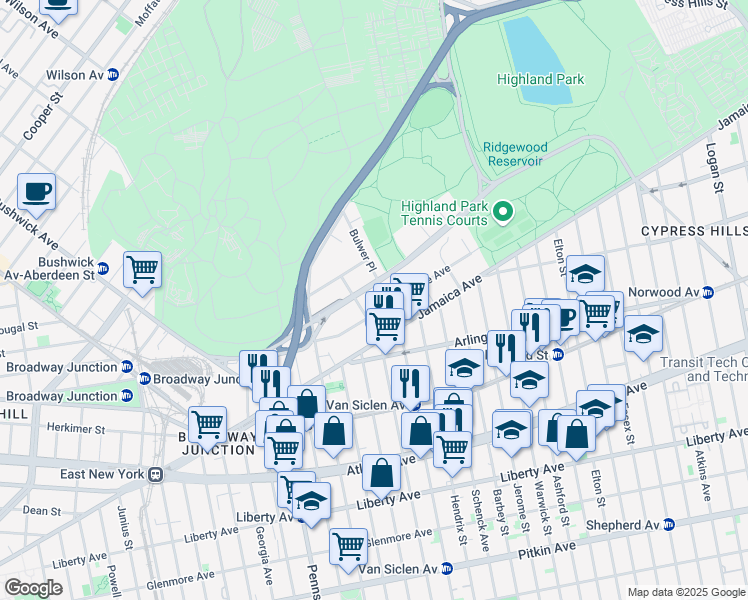 map of restaurants, bars, coffee shops, grocery stores, and more near 220 Highland Boulevard in Brooklyn