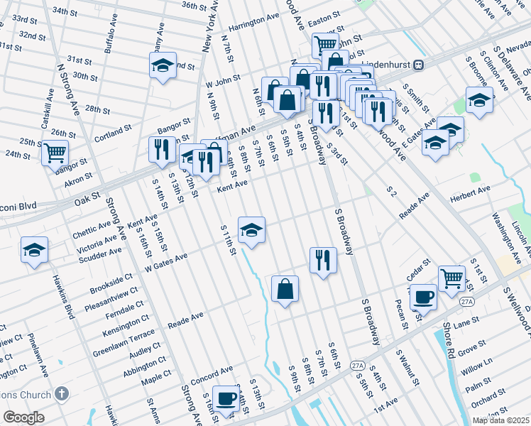 map of restaurants, bars, coffee shops, grocery stores, and more near 270 South 8th Street in Lindenhurst