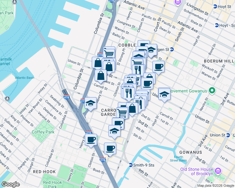 map of restaurants, bars, coffee shops, grocery stores, and more near 427 Clinton Street in Brooklyn
