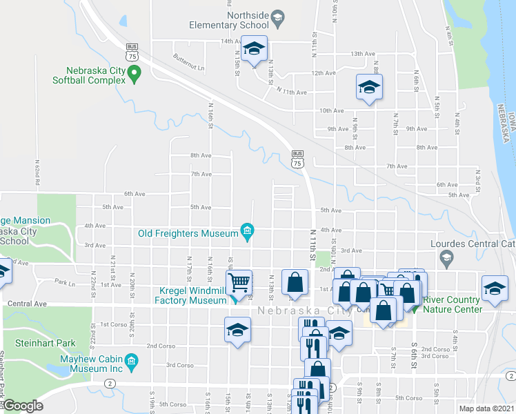 map of restaurants, bars, coffee shops, grocery stores, and more near 602 North 14th Street in Nebraska City