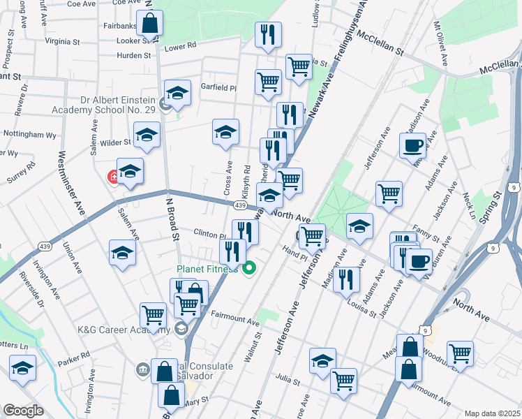 map of restaurants, bars, coffee shops, grocery stores, and more near 1299 North Ave in Elizabeth