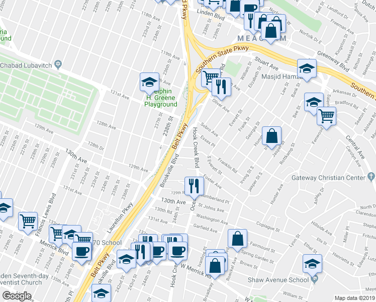 map of restaurants, bars, coffee shops, grocery stores, and more near 240-16 128th Avenue in Queens