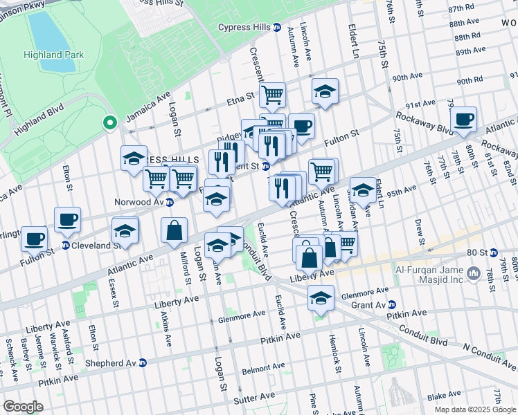 map of restaurants, bars, coffee shops, grocery stores, and more near 295 Euclid Avenue in Brooklyn