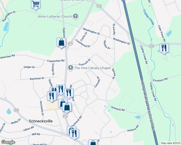 map of restaurants, bars, coffee shops, grocery stores, and more near 5174 Cassidy Drive in Schnecksville