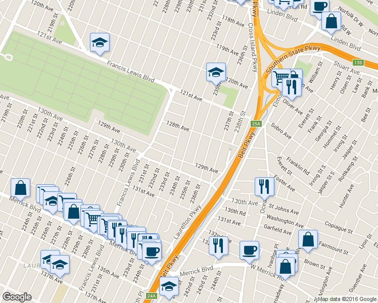 map of restaurants, bars, coffee shops, grocery stores, and more near 128-45 234th Street in Queens