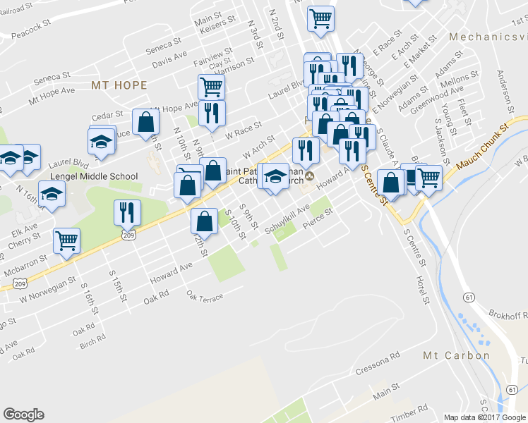 map of restaurants, bars, coffee shops, grocery stores, and more near 801 Mahantongo St in Pottsville
