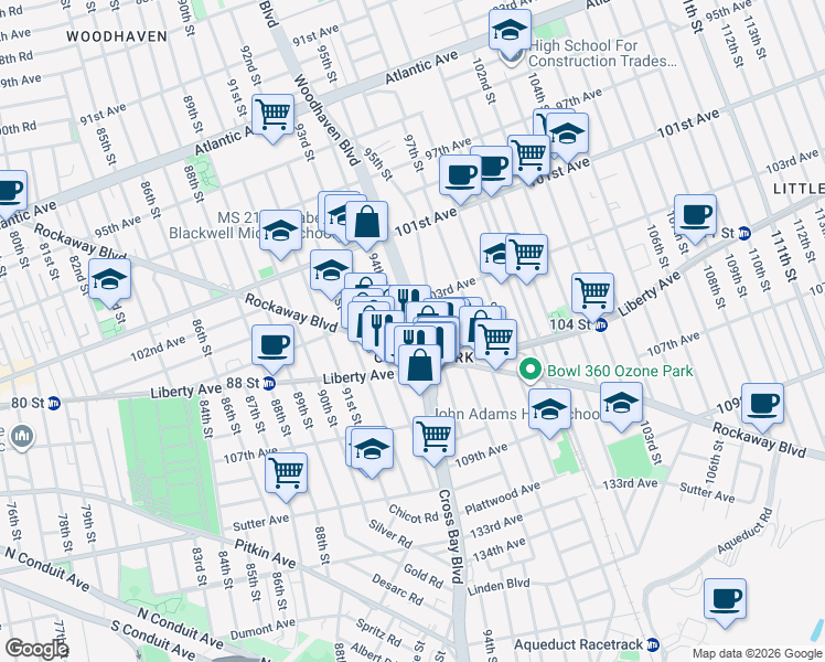 map of restaurants, bars, coffee shops, grocery stores, and more near 10327A Woodhaven Boulevard in Queens